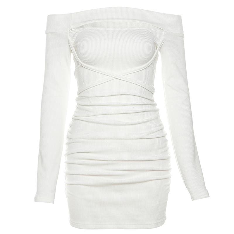 Lace up solid hollow out off shoulder long sleeve mini dress 4