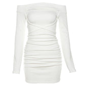 Lace up solid hollow out off shoulder long sleeve mini dress 4