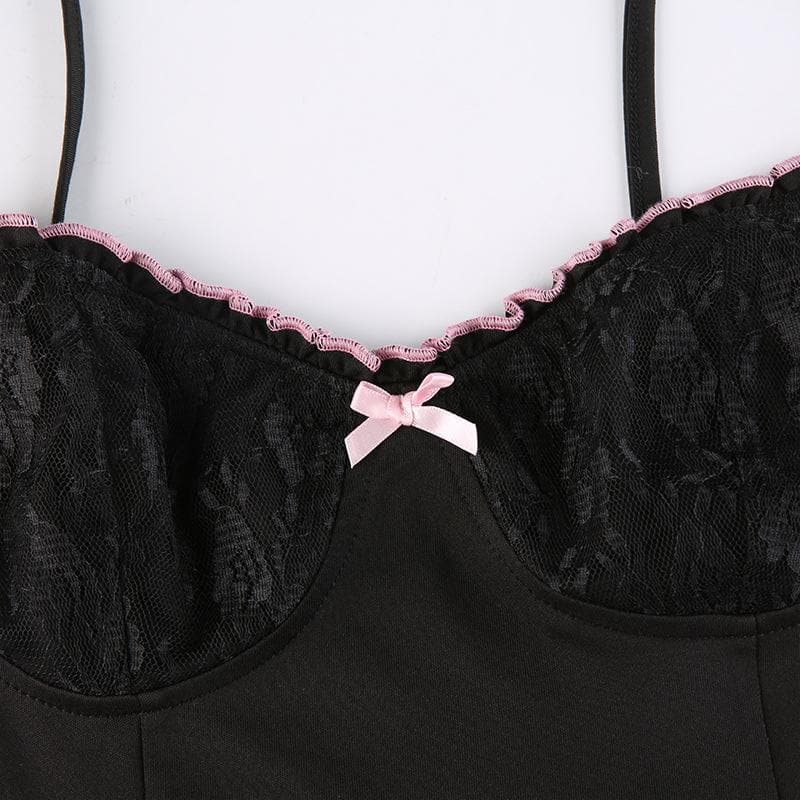 Low cut bowknot lace ruffled cami A line dress 6