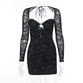 Mesh self tie long sleeve solid lace up mini dress 8