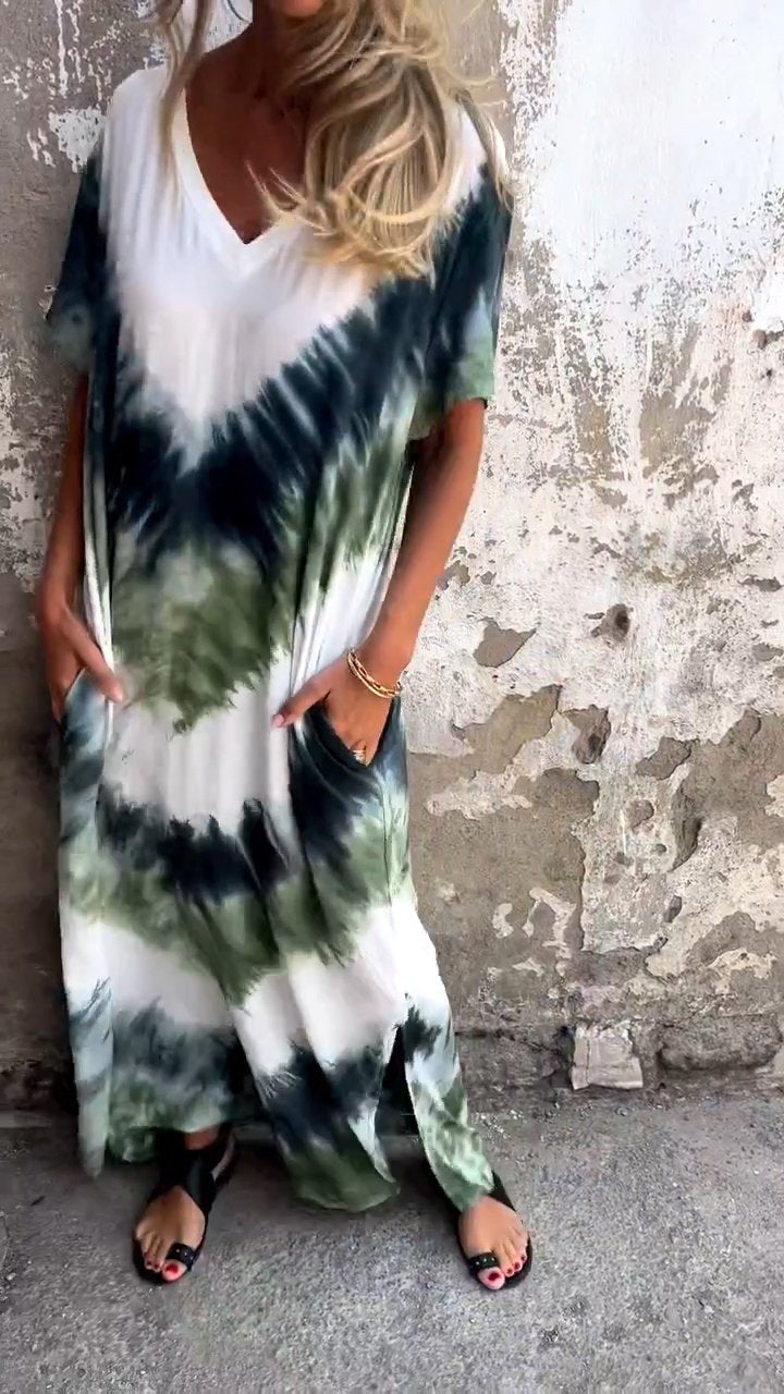 Tie Dye V-Neck Short Sleeve Pocket Maxi Dress 5