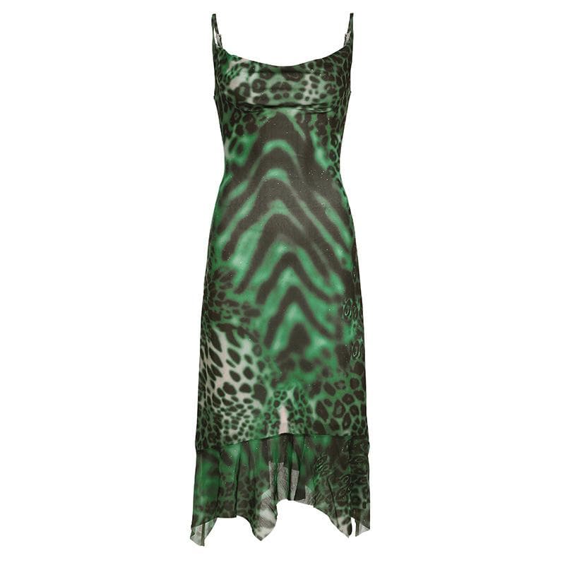 Leopard print cowl neck contrast ruffle backless mesh maxi dress