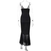 Lace patchwork contrast ruched v neck backless midi dress 3
