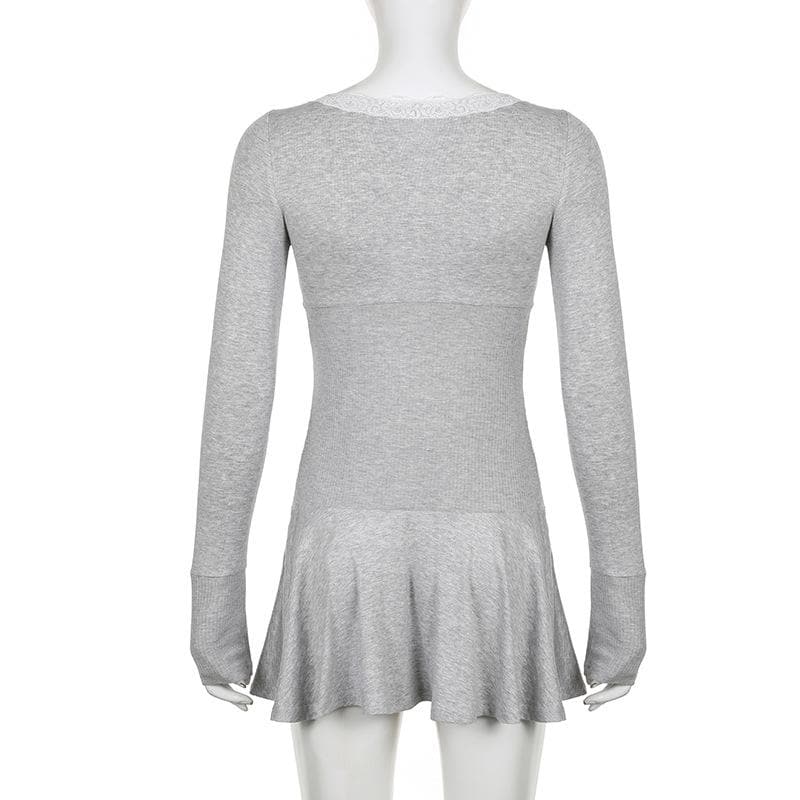 Lace hem square neck contrast long sleeve ruffle mini dress 9