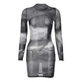 Long sleeve sheer mesh see through contrast polka dot mini dress 2