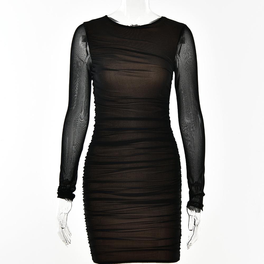 Mesh long sleeve solid ruched crewneck mini dress 3