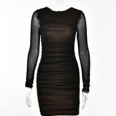 Mesh long sleeve solid ruched crewneck mini dress 3