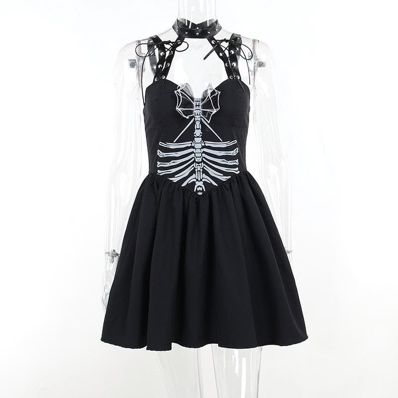 Halter backless v neck skull pattern ruched mini dress