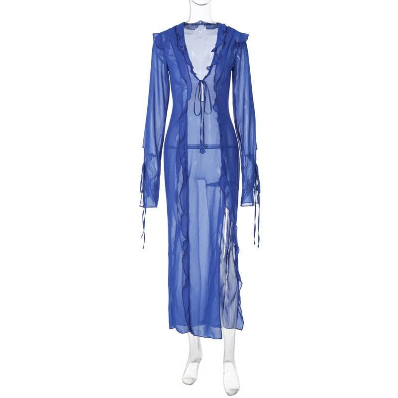 Slit chiffon see through long sleeve v neck self tie maxi dress 6