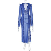 Slit chiffon see through long sleeve v neck self tie maxi dress 6