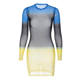 Contrast sheer mesh see through long sleeve crewneck mini dress 9