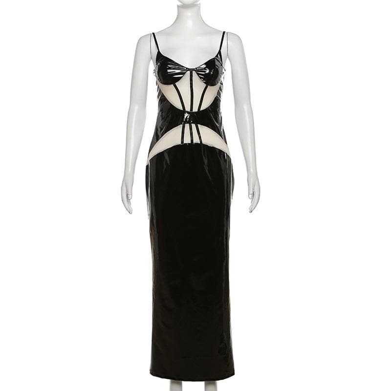 Mesh patchwork contrast PU leather low cut slit maxi dress 2