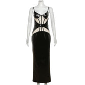 Mesh patchwork contrast PU leather low cut slit maxi dress 2