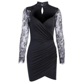Hem lace low-cut high neck ruched midi dress 6