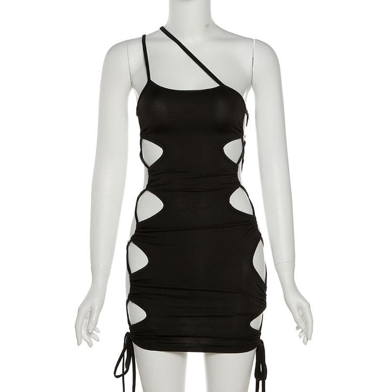 One Shoulder Side Cut Out Drawstring Ruched Bodycon Mini Dress 8