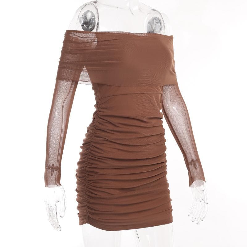 Mesh off shoulder solid long sleeve ruched mini dress 10