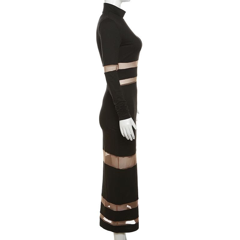 Patchwork mesh contrast long sleeve high neck maxi dress 4