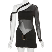 Ruffle contrast buckle one shoulder irregular ruched mesh mini dress 9