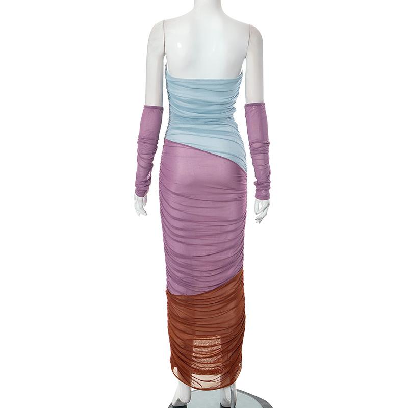 Mesh ruched contrast patchwork off shoulder maxi tube dress 4