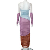 Mesh ruched contrast patchwork off shoulder maxi tube dress 4