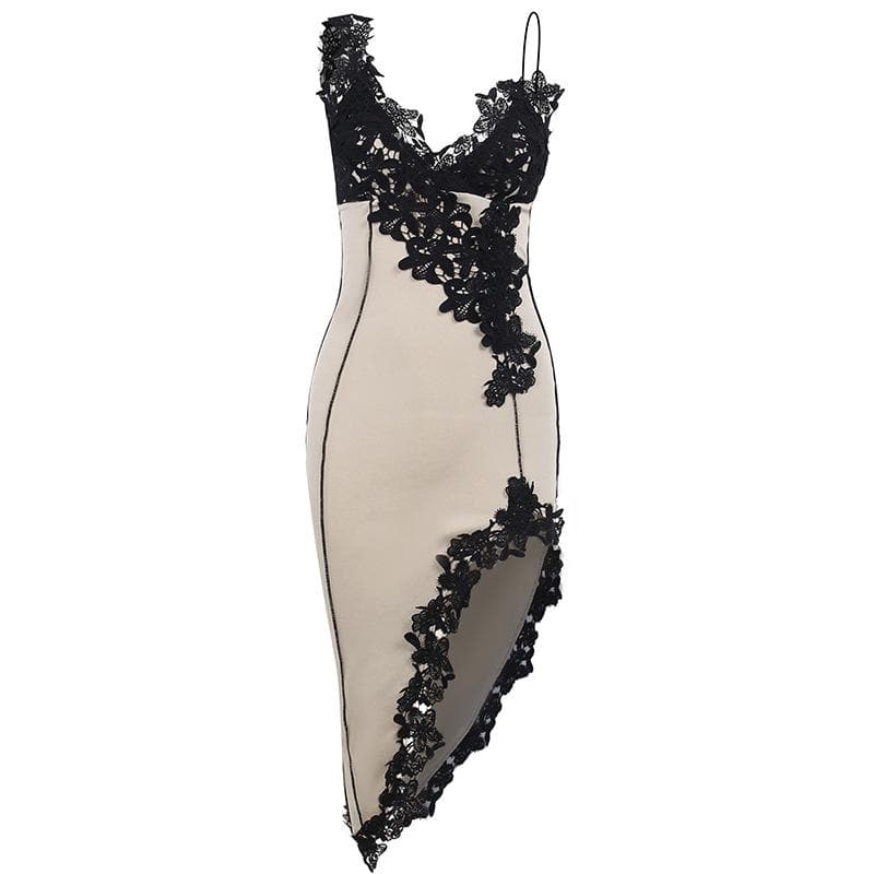 Contrast Floral Lace Applique V-Neck Cami High Split Midi Dress 2