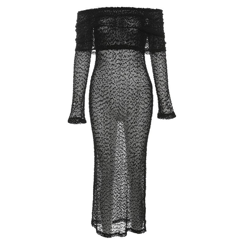 Textured glitter off shoulder long sleeve see through maxi dress 2