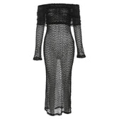 Textured glitter off shoulder long sleeve see through maxi dress 2