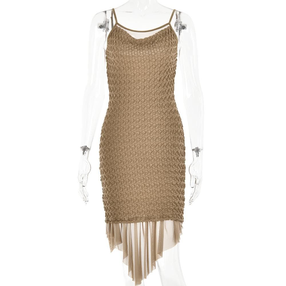 Textured mesh solid ruched irregular cami midi dress 8