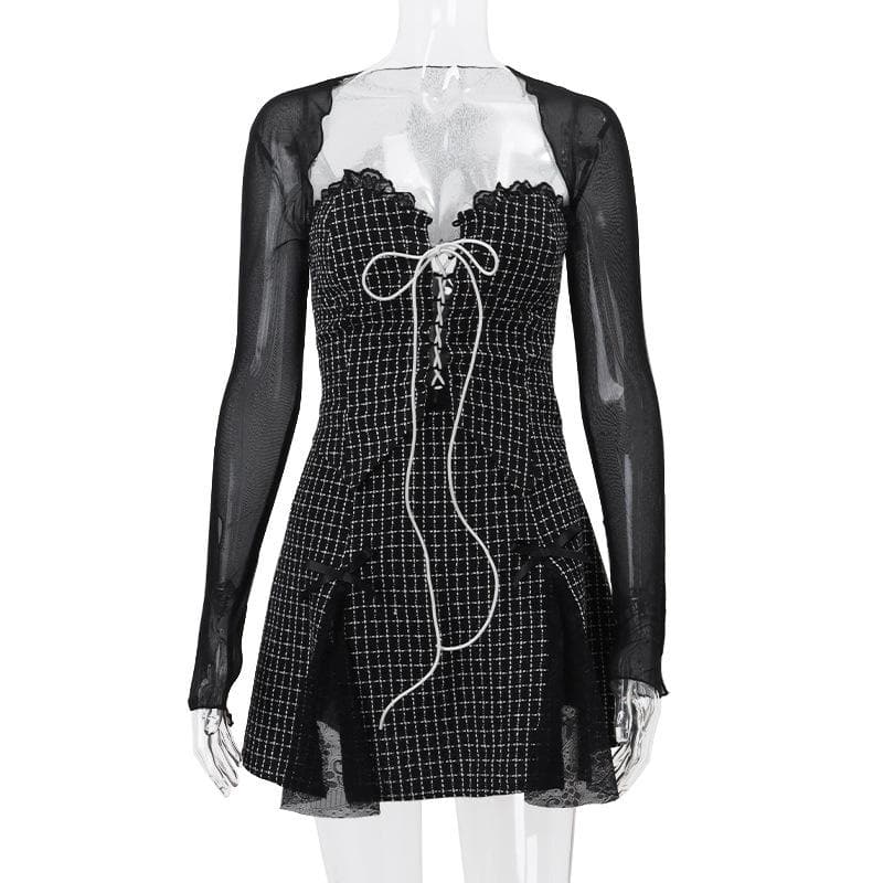 Plaid Lace Up Front Mini Dress and Sheer Mesh Shrug Two Piece Set 2