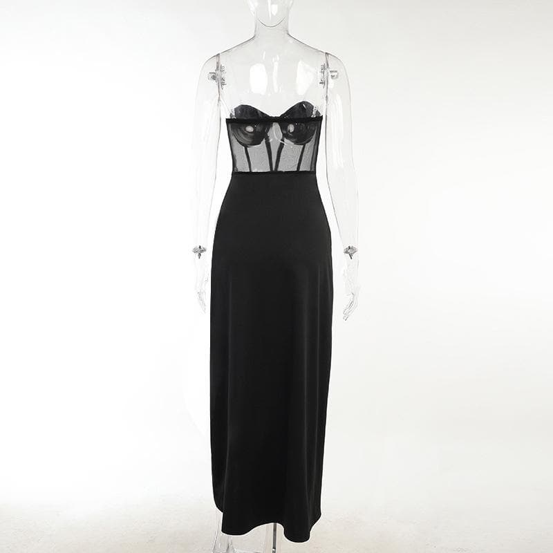 Mesh heart neck high slit pleated tube maxi dress 5