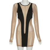 Long sleeve round neck contrast mesh patchwork mini dress 8