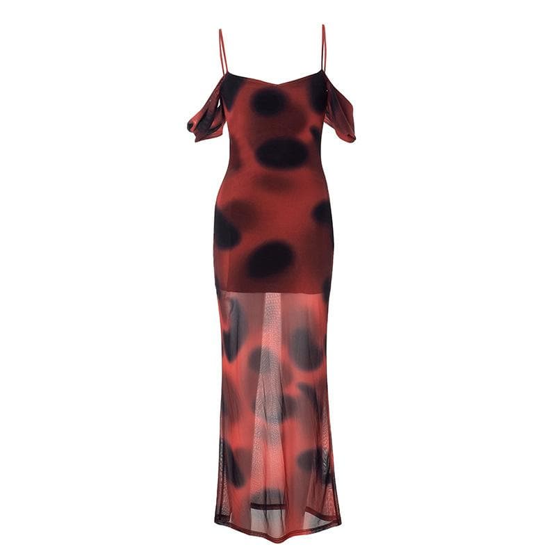 Abstract Dot Print Mesh Off Shoulder Cami Sheer Hem Maxi Dress