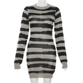 Crochet striped contrast long sleeve crewneck mini dress 3