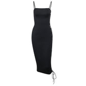 Lace up solid irregular backless square neck midi dress