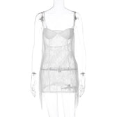 Tassels low cut see through lace solid backless cami mini dress 2