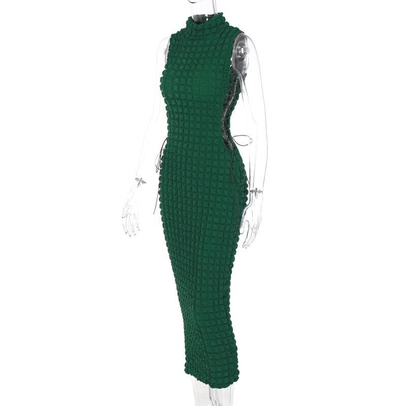 High neck lace up side solid waffle sleeveless midi dress 3
