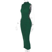 High neck lace up side solid waffle sleeveless midi dress 3