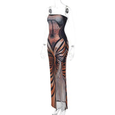 Lace up contrast print slit backless tube maxi dress 3