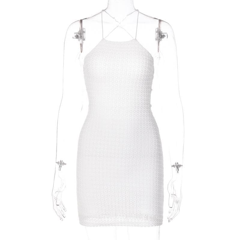 Textured cross back lace up solid backless mini dress 8