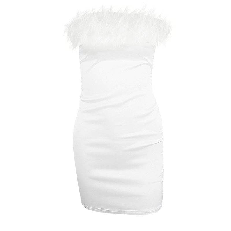 Faux Feather Trim Strapless Satin Bodycon Tube Mini Dress