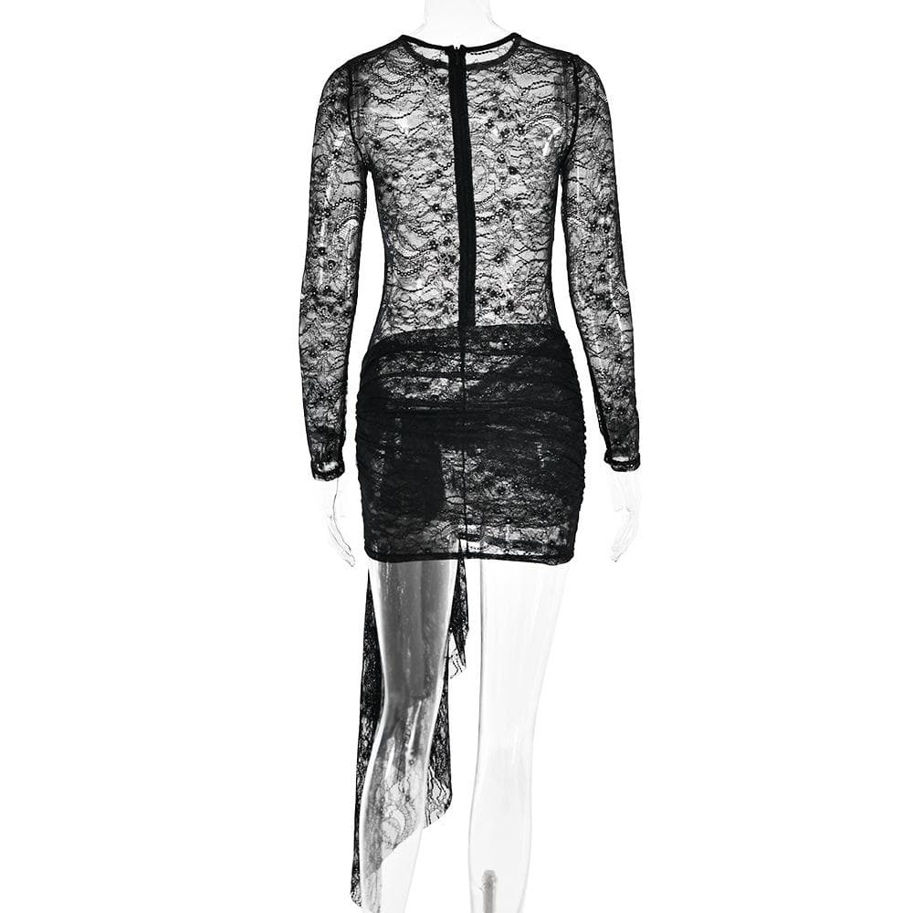 Lace see through long sleeve zip-up self tie ruched mini dress 5