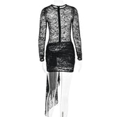 Lace see through long sleeve zip-up self tie ruched mini dress 5