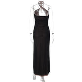 Slit mesh cross front hollow out ruched backless maxi dress 4