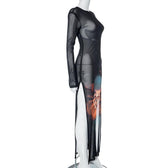 Joker pattern long sleeve sheer mesh see through slit maxi dress 3