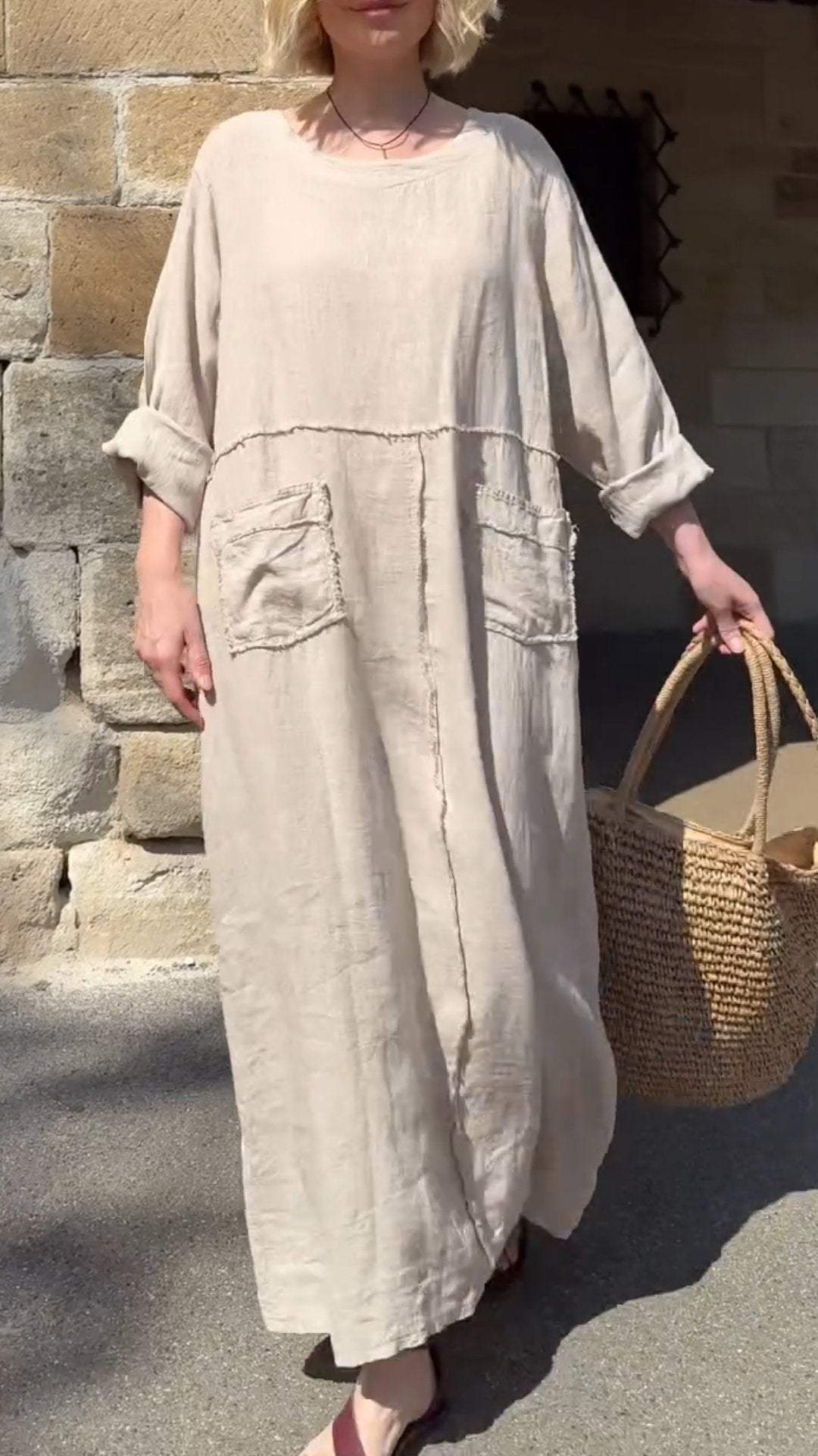 Linen Round Neck Long Sleeve Pocket Maxi Dress 2