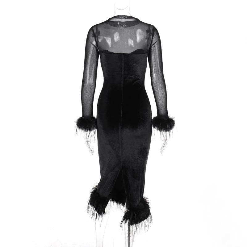 Long sleeve feather velvet mesh patchwork slit high neck midi dress 7