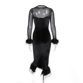 Long sleeve feather velvet mesh patchwork slit high neck midi dress 7
