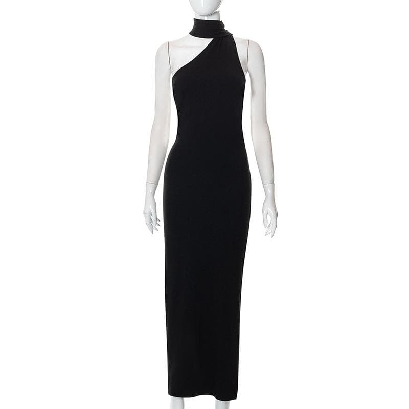 One shoulder backless slit solid halter beaded maxi dress 2