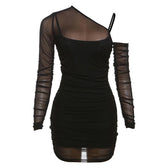Mesh off shoulder long sleeve irregular ruched mini dress 2