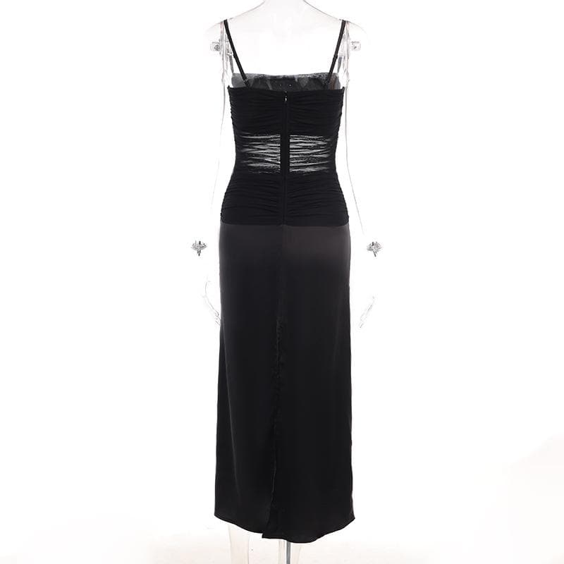 Mesh patchwork zip-up solid backless ruched cami midi dress 8